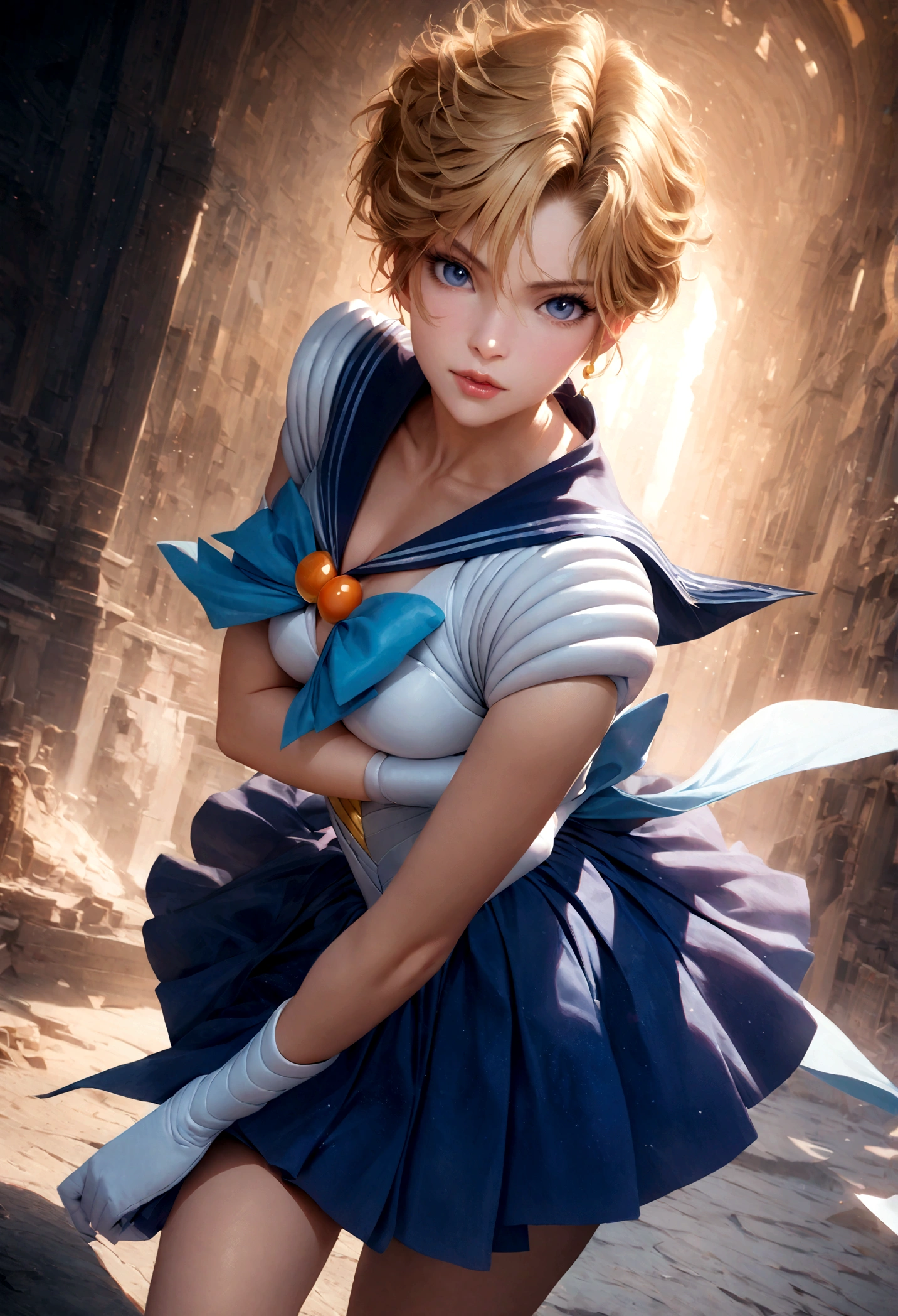 1girl, sailor Uranus, bishoujo senshi sailor moon, elegant detailed eyes, detailed facial features, long eyelashes, beautiful detailed lips, elegant detailed pose, highly detailed, masterpiece, 4k, hyper realistic, photorealistic, cinematic lighting, dynamic composition, intricate details, vibrant colors, soft dreamy atmosphere, magical girl fantasy, full body shot, blonde, harukasm, sailor senshi uniform, leotard, miniskirt, blue skirt