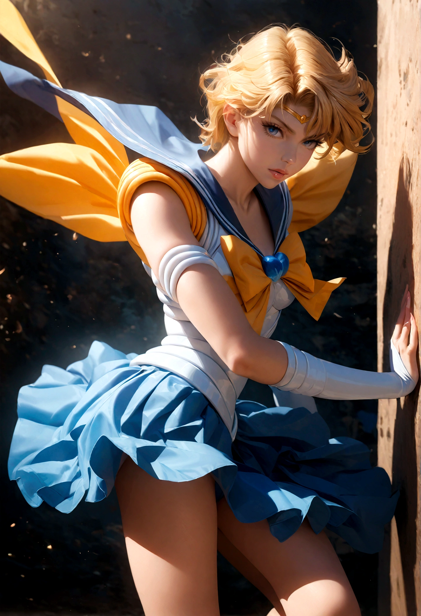 1girl, sailor Uranus, bishoujo senshi sailor moon, elegant detailed eyes, detailed facial features, long eyelashes, beautiful detailed lips, elegant detailed pose, highly detailed, masterpiece, 4k, hyper realistic, photorealistic, cinematic lighting, dynamic composition, intricate details, vibrant colors, soft dreamy atmosphere, magical girl fantasy, full body shot, blonde, harukasm, sailor senshi uniform, leotard, miniskirt, blue skirt