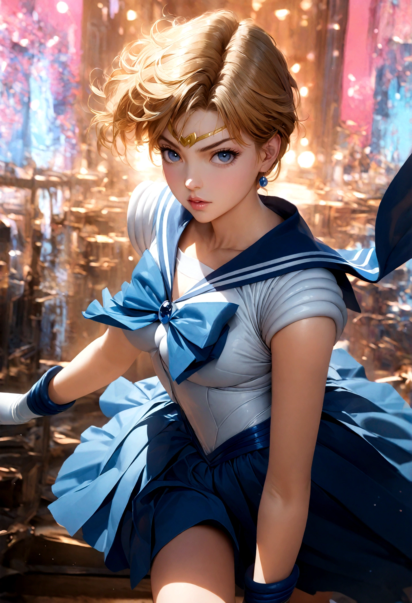 1girl, sailor Uranus, bishoujo senshi sailor moon, elegant detailed eyes, detailed facial features, long eyelashes, beautiful detailed lips, elegant detailed pose, highly detailed, masterpiece, 4k, hyper realistic, photorealistic, cinematic lighting, dynamic composition, intricate details, vibrant colors, soft dreamy atmosphere, magical girl fantasy, full body shot, blonde, harukasm, sailor senshi uniform, leotard, miniskirt, blue skirt