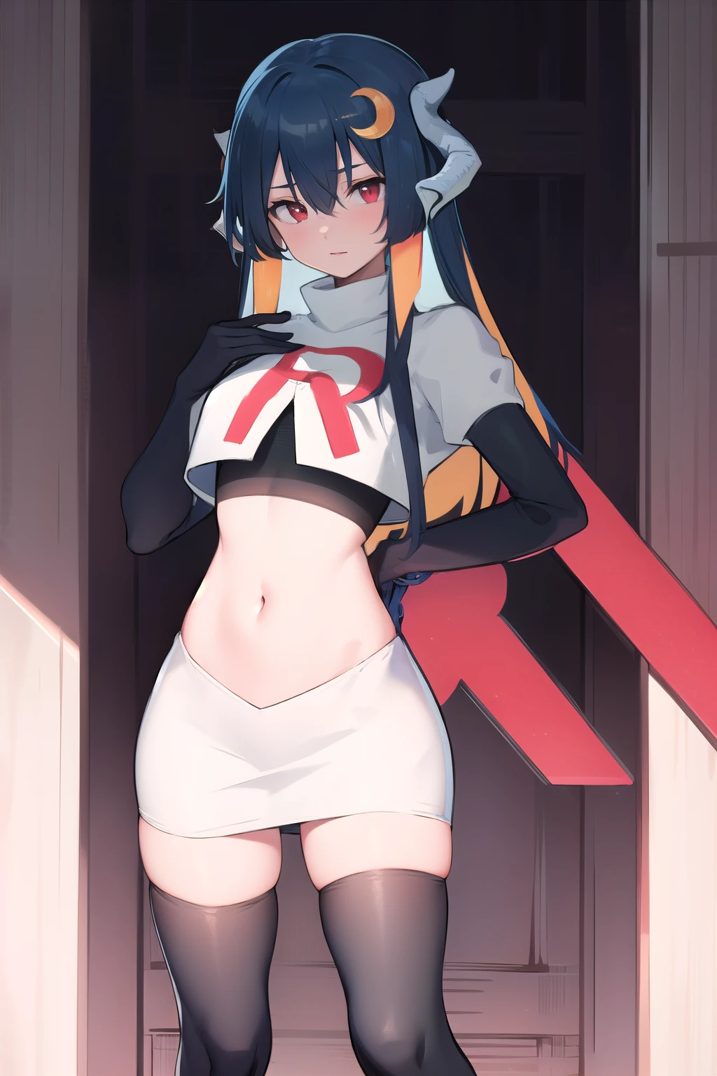 vienna (vtuber), 1girl, bangs, black hair, blue hair, crescent, crescent hair ornament, crossed bangs, dragon girl, dragon horns, gradient hair, hair between eyes, hair ornament, horns, long hair, looking at viewer, multicolored hair, red eyes, solo, standing, very long hair, team rocket,team rocket uniform,white skirt,red letter R,crop top,black thigh-highs,black elbow gloves
