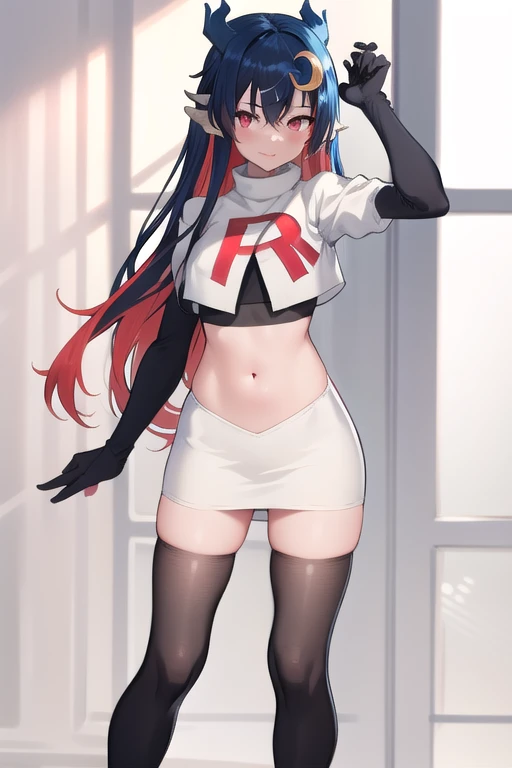 vienna (vtuber), 1girl, bangs, black hair, blue hair, crescent, crescent hair ornament, crossed bangs, dragon girl, dragon horns, gradient hair, hair between eyes, hair ornament, horns, long hair, looking at viewer, multicolored hair, red eyes, solo, standing, very long hair, team rocket,team rocket uniform,white skirt,red letter R,crop top,black thigh-highs,black elbow gloves