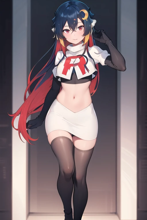 vienna (vtuber), 1girl, bangs, black hair, blue hair, crescent, crescent hair ornament, crossed bangs, dragon girl, dragon horns, gradient hair, hair between eyes, hair ornament, horns, long hair, looking at viewer, multicolored hair, red eyes, solo, standing, very long hair, team rocket,team rocket uniform,white skirt,red letter R,crop top,black thigh-highs,black elbow gloves
