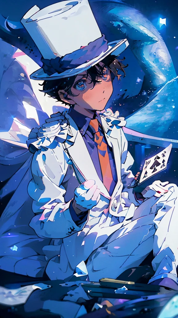 (Mastepiece), (Best Quality), Very detailed, ((17 year old boy:1.5)), (Full body photography:1.3)、Perfect Face, Beautiful Face, Very detailedな顔,(Black short hair:1.3),(Blue Eyes:1.3)、((White Suit 1.4))、(Blue Shirt)、(Pink tie)、((White Top Hat 1.4))、((White Cape:1.4))、(White Gloves 1.4)、(Monocle 1.3)、(Playing cards 1.3)、(White Moon:1.4)、(Night Sky:1.5)、(White Dove:1.2)、(gem:1.4)、magician、(Toothy smile:1.3)、handcuffs