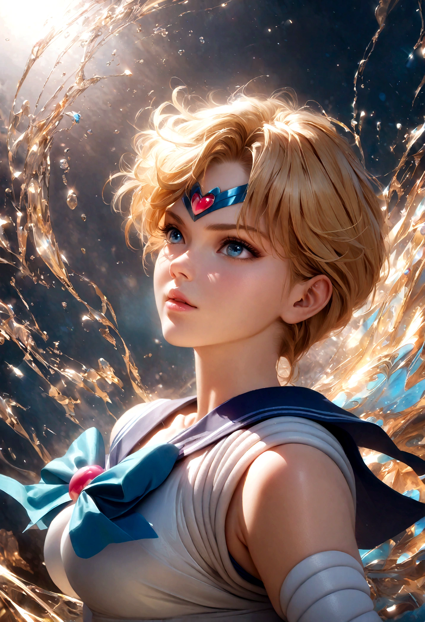 1girl, sailor Uranus, bishoujo senshi sailor moon, elegant detailed eyes, detailed facial features, long eyelashes, beautiful detailed lips, elegant detailed pose, highly detailed, masterpiece, 4k, hyper realistic, photorealistic, cinematic lighting, dynamic composition, intricate details, vibrant colors, soft dreamy atmosphere, magical girl fantasy, upper body shot, blonde, harukasm, sailor senshi uniform, leotard, miniskirt, blue skirt