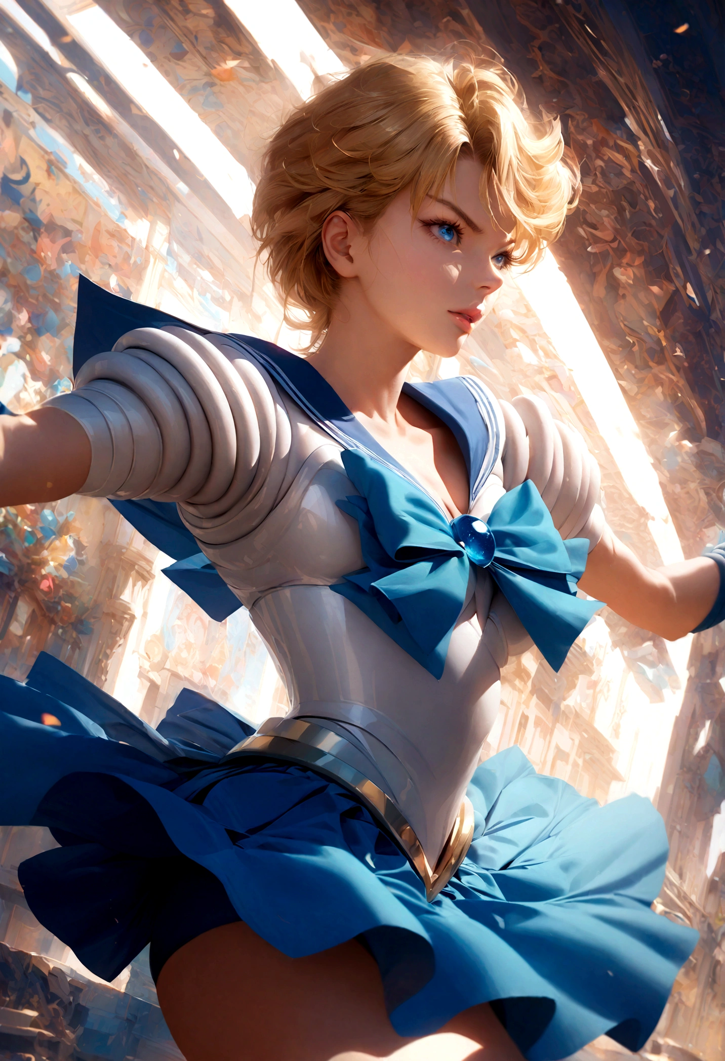 1girl, sailor Uranus, bishoujo senshi sailor moon, elegant detailed eyes, detailed facial features, long eyelashes, beautiful detailed lips, elegant detailed pose, highly detailed, masterpiece, 4k, hyper realistic, photorealistic, cinematic lighting, dynamic composition, intricate details, vibrant colors, soft dreamy atmosphere, magical girl fantasy, upper body shot, blonde, harukasm, sailor senshi uniform, leotard, miniskirt, blue skirt