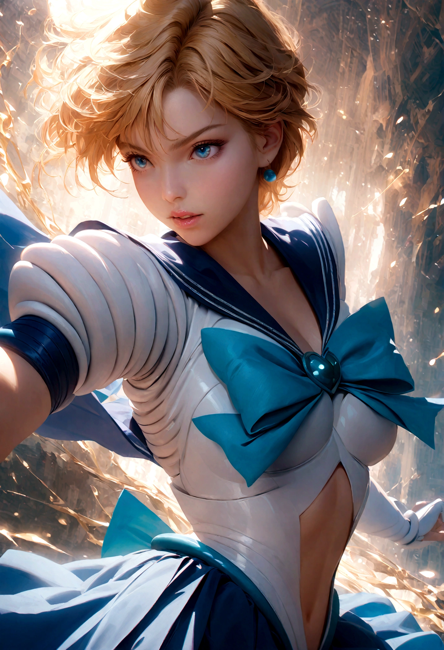 1girl, sailor Uranus, bishoujo senshi sailor moon, elegant detailed eyes, detailed facial features, long eyelashes, beautiful detailed lips, elegant detailed pose, highly detailed, masterpiece, 4k, hyper realistic, photorealistic, cinematic lighting, dynamic composition, intricate details, vibrant colors, soft dreamy atmosphere, magical girl fantasy, upper body shot, blonde, harukasm, sailor senshi uniform, leotard, miniskirt, blue skirt