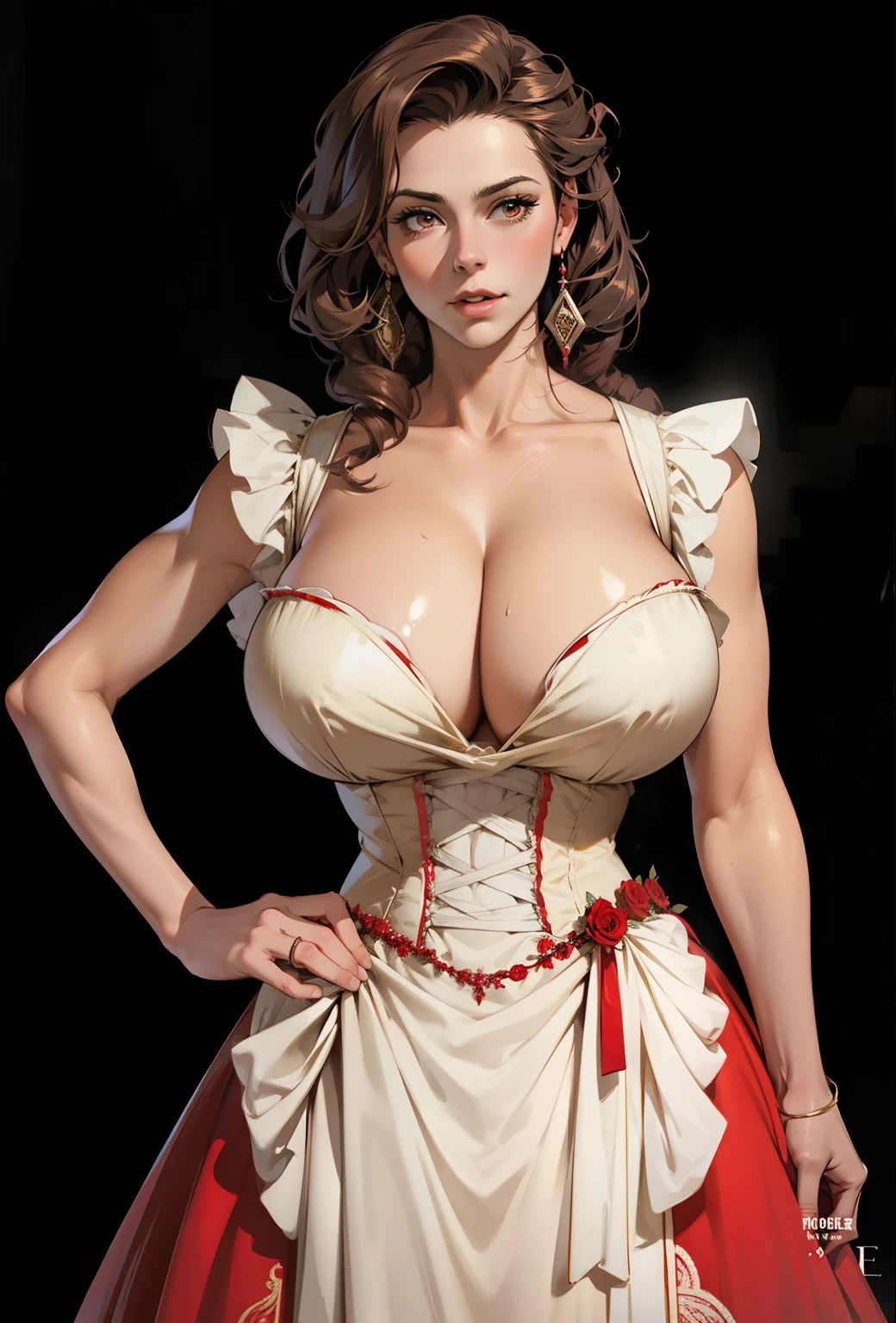 A woman in red Royal victorian era dress, red Royal victorian era ball gown, big breast, big cleavage in chest,