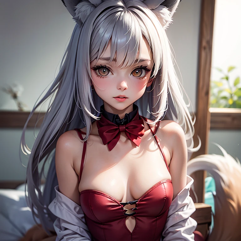 Fox Girl, Fox's Tail, Nine-Tailed Fox,Fox Ears, Black colored hair, Fox Makeup, Kimono with open chest, kimono, Nice body, Avatar, face, Open chest, face, Domiepresentation, naughty face,Big Breast cleavage,Show bare skis visible、Opening the legs、Show off your thighs、With legs apart、A beautifully patterned kimono、I can see her cleavage