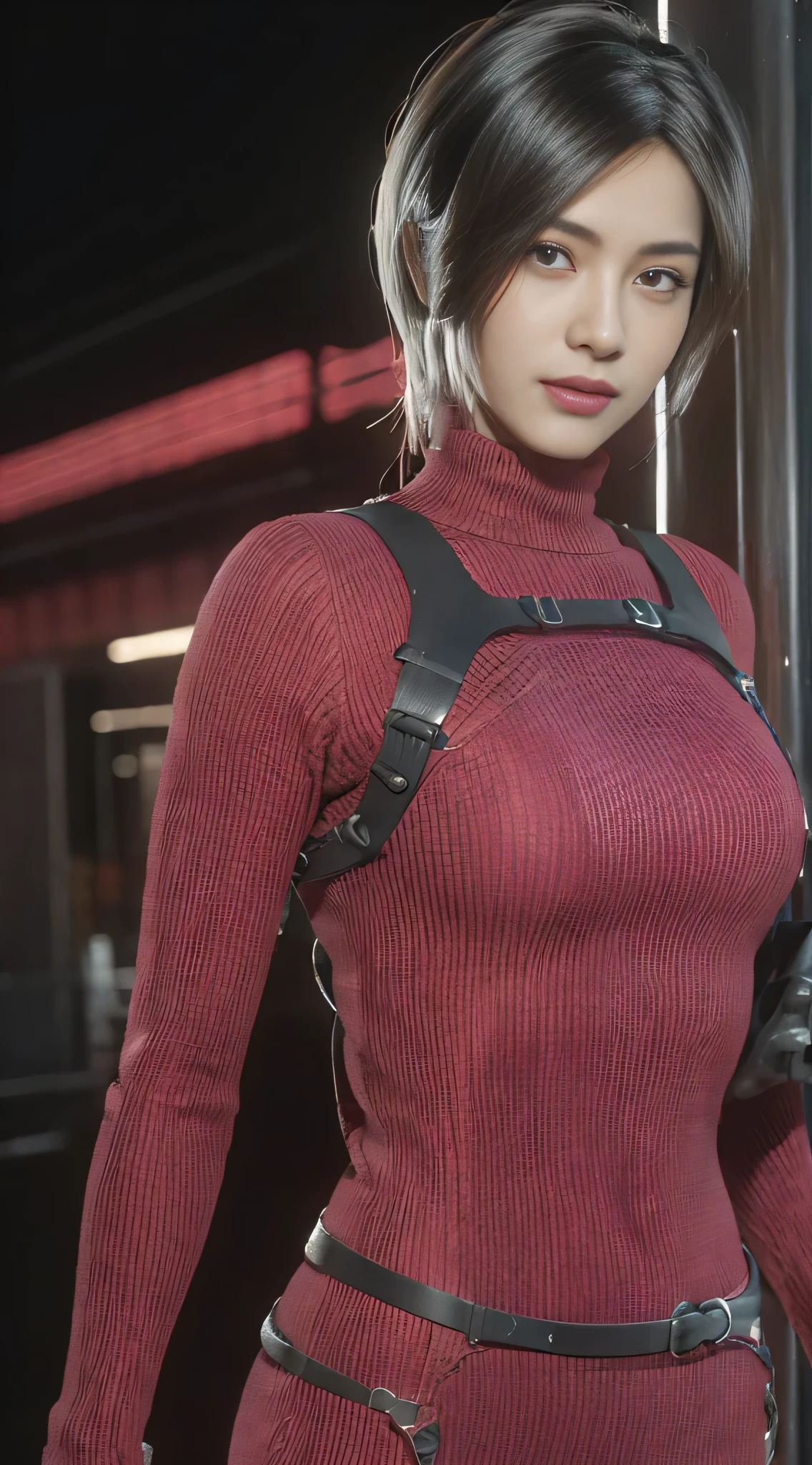 ada,Adawong,22 years old,With a sniper rifle,ulzzang-7000, (Realistic: 1.3) masterpiece, best quality, Beautiful clean face, whole body, Behind the halo, Network Background, Extremely detailed city, Fugitive, Resident Evil 4 RE, 8K, best quality, Super detailed, Science fiction comics, (best quality, masterpiece:1.2), illustration,