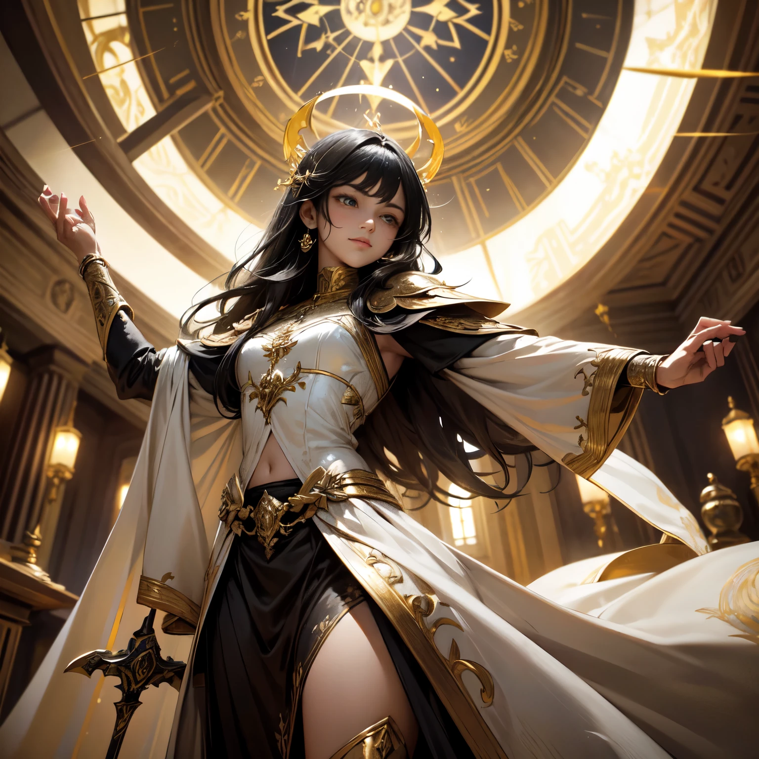 Create an 8K ultra HD digital image of a noble mystical black-haired Seraphin warrior, longos e lisos, vestido com trajes de batalha da realeza, in the castle dormitory. O guerreiro tem olhos prateados e pele clara. He is dressed in black velvet armor with silver and gold accents., Adorned with magical jewels that glow softly. Ele usa uma coroa de prata com pedras preciosas, silver bracelets on her wrists and a magical amulet around her neck. in the dorm, o guerreiro empunha a Espada de Zeus. The sword is made of celestial gold and emits golden rays, with divine inscriptions along the blade that shine brightly. The hilt of the sword is adorned with small rays and lightning., simbolizando seu poder supremo. Ele segura a espada em uma pose de repouso vigilante, ready to protect your personal sanctuary, while electric sparks dance around you. The Sword of Zeus is known for its ability to control thunder and lightning, e uma aura de poder divino emana dela. The dormitory is luxuriously decorated with dark wood furniture, rich tapestries and velvet curtains. A large four-poster bed is adorned with pillows and thin covers. Um lareira emana um calor acolhedor, enquanto grandes janelas oferecem uma vista deslumbrante do reino. The image should capture the serenity and comfort of the warrior's dormitory, highlighting the warrior's interaction with the Sword of Zeus.