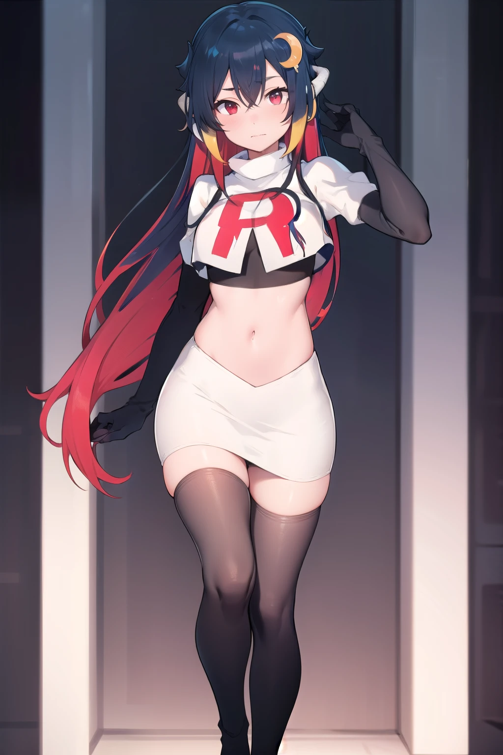 vienna (vtuber), 1girl, bangs, black hair, blue hair, crescent, crescent hair ornament, crossed bangs, dragon girl, dragon horns, gradient hair, hair between eyes, hair ornament, horns, long hair, looking at viewer, multicolored hair, red eyes, solo, standing, very long hair, team rocket,team rocket uniform,white skirt,red letter R,crop top,black thigh-highs,black elbow gloves
