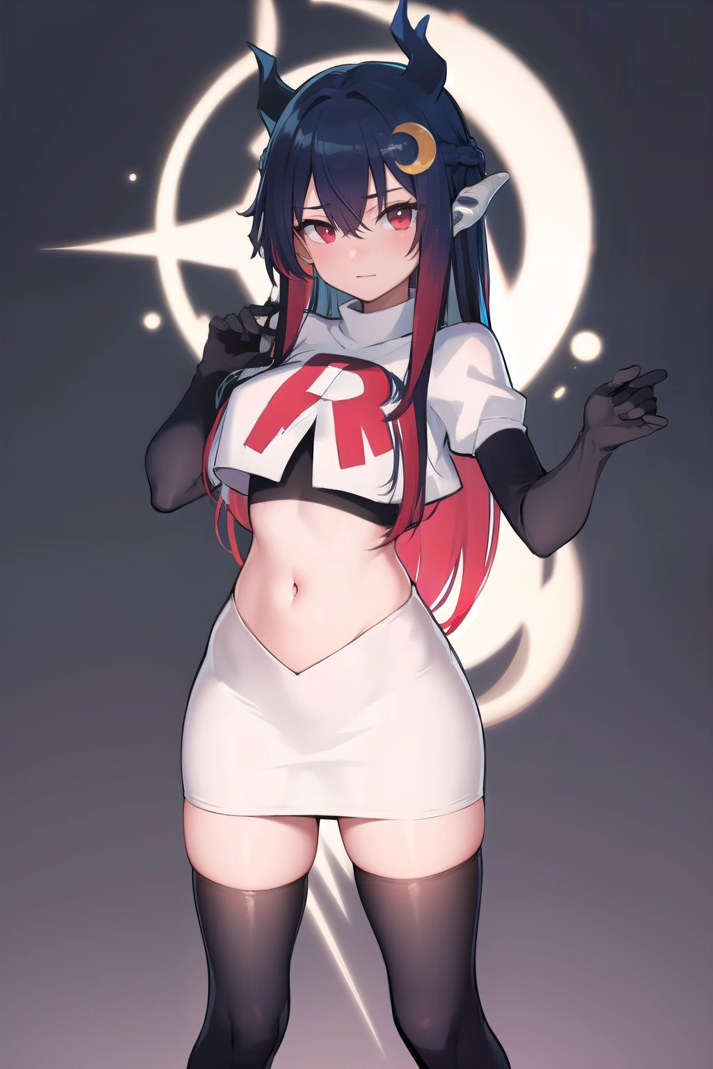 vienna (vtuber), 1girl, bangs, black hair, blue hair, crescent, crescent hair ornament, crossed bangs, dragon girl, dragon horns, gradient hair, hair between eyes, hair ornament, horns, long hair, looking at viewer, multicolored hair, red eyes, solo, standing, very long hair, team rocket,team rocket uniform,white skirt,red letter R,crop top,black thigh-highs,black elbow gloves
