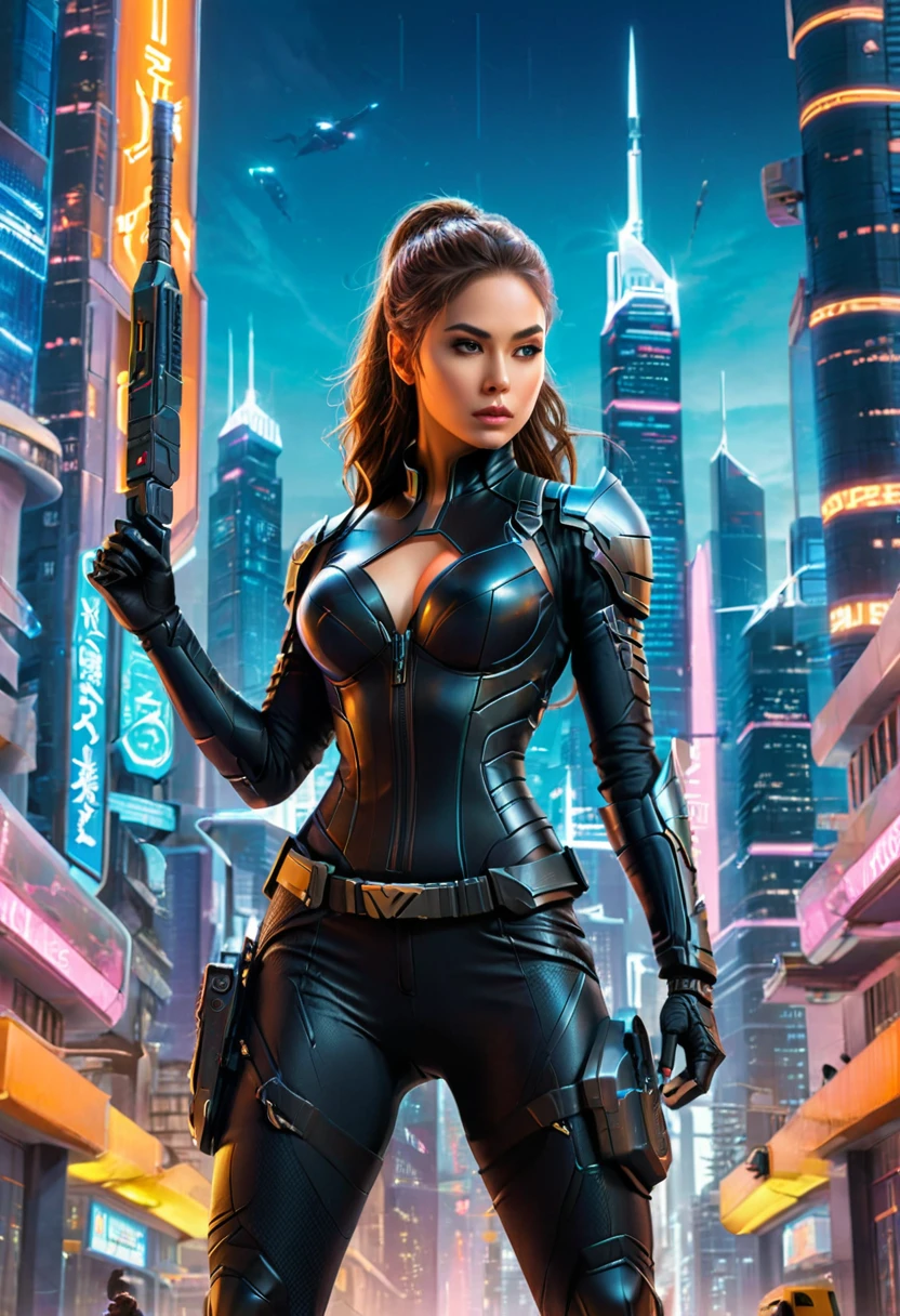 In the neon lit future city, a female warrior wearing a black tight fitting suit and holding a high-tech weapon is carrying out a secret mission. She uses advanced equipment and extraordinary skills to shuttle between tall buildings and complete impossible tasks, (masterpiece, best quality, Professional, perfect composition, very aesthetic, absurdres, ultra-detailed, intricate details:1.3)