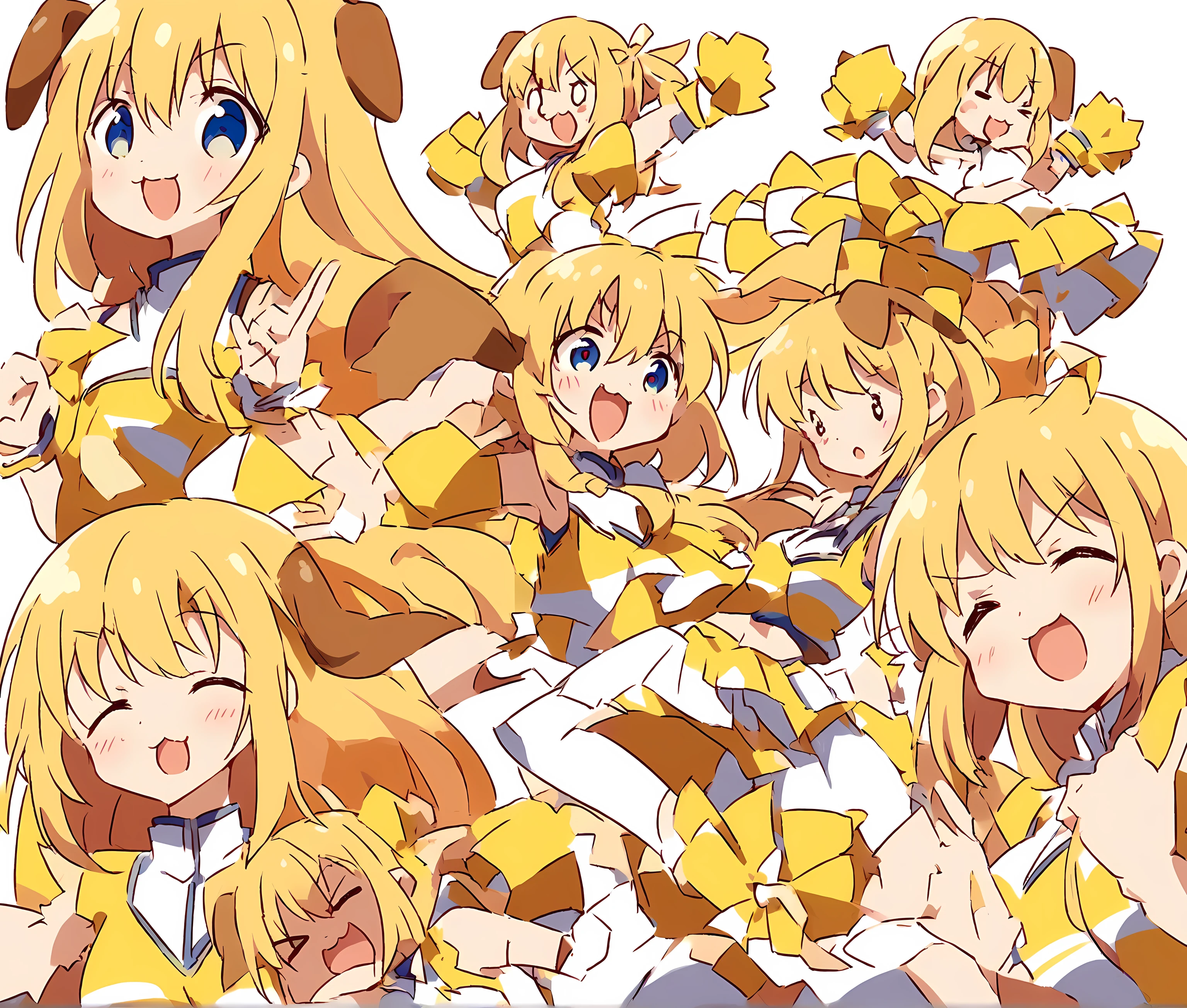 there is a blonde anime girl in a blue and white cheerleader outfit holding a yellow pom pom, cheering, have cute brown dog ears, white background : 3, pixiv 3dcg, a-pose, misa amane *, full_body!!, anime pose, distorted pose, cel shaded!!!, at pixiv, ( ( misa amane # ) ), , poofy, soft anime illustration