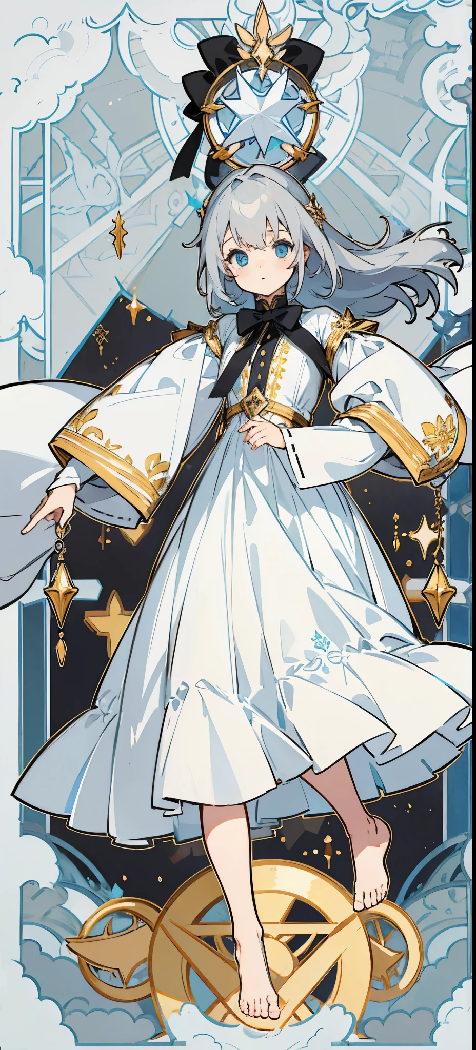 girl、Gray Hair、long、Black ribbons on either side of the hair、cute、Young、Circle of Black Angels、blue eyes、Feet exposed、Clothes are white dresses、The sleeves are large、Gold decoration on chest and sides、