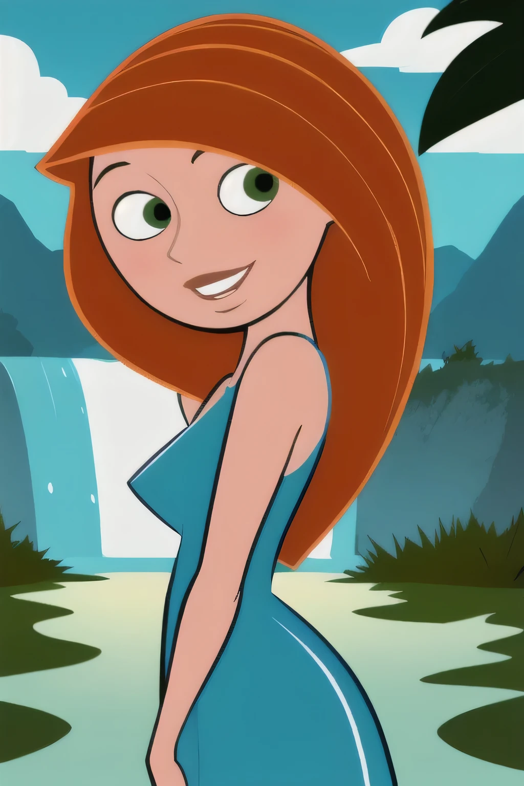 (masterpiece, best quality:1.3), 1girl, looking at viewer, kimberly ann possible, parted lips, upper body, standing, collarbone, bare shoulders, blush, colored skin, orange hair, long hair, absurdly long hair, green eyes, medium breasts, (skindentation:1.2), little blue sequin dress, sleeveless, blue sky, clouds, forest, water fall, landscape, smile