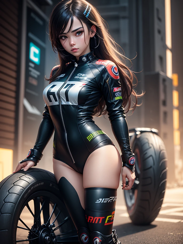 Realistic girl wearing parts, full image, With a cyber style motorcycle, Inspired by MotoGP