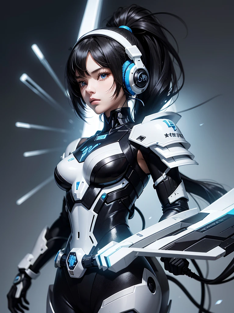 Black and white mixed color mecha female warrior，18 years old young girl，Wear blue headphones，Good face shape，HD ratio，Pandora&#39;s atmosphere，Diversified perspectives，Intricate details