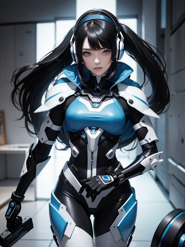 Black and white mixed color mecha female warrior,18 years old young girl,Wear blue headphones,Good face shape,HD ratio,Pandora's atmosphere,Diversified perspectives,Intricate details