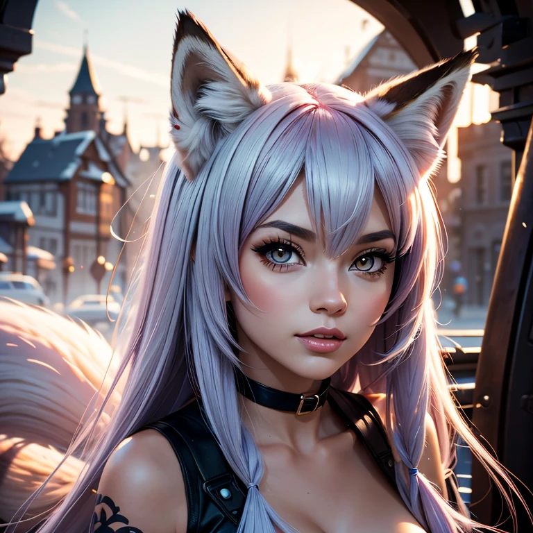 Fox Girl, Fox&#39;s Tail, Nine-Tailed Fox,Fox Ears, Black colored hair, Fox Makeup, Kimono with open chest, kimono, Nice body, Avatar, face, Open chest, lewd face, Dominant representation, naughty face,Big Breasts,Emphasize cleavage,Show bare skin、Skin is visible、Opening the legs、Show off your thighs、With legs apart、A beautifully patterned kimono、I can see her cleavage