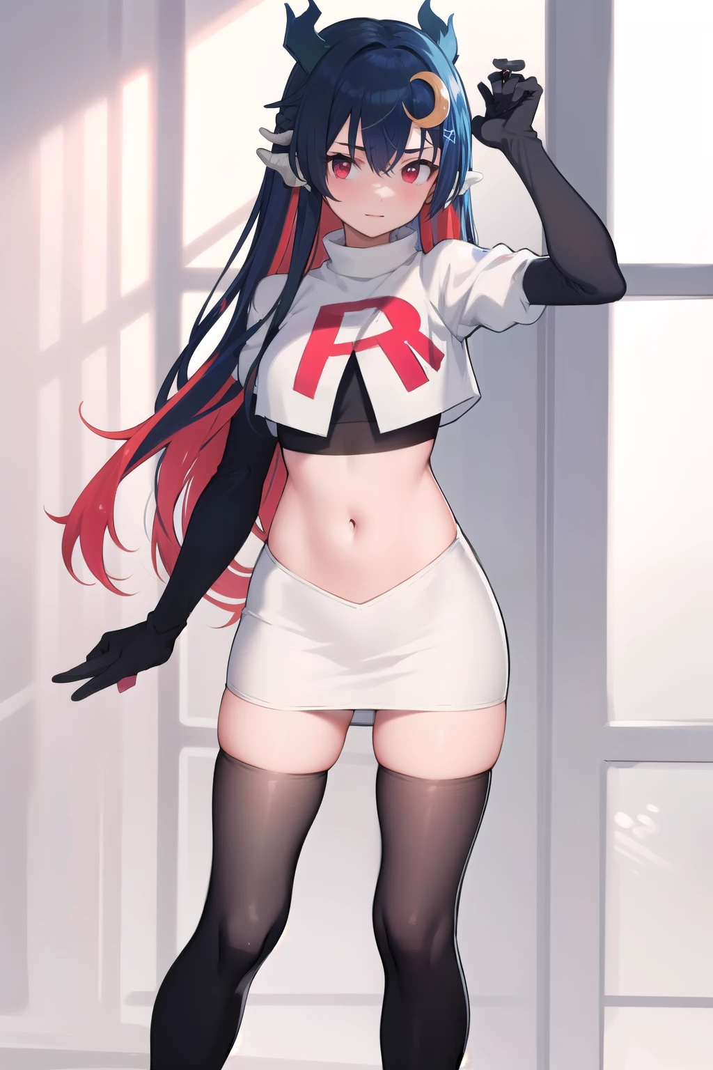 vienna (vtuber), 1girl, bangs, black hair, blue hair, crescent, crescent hair ornament, crossed bangs, dragon girl, dragon horns, gradient hair, hair between eyes, hair ornament, horns, long hair, looking at viewer, multicolored hair, red eyes, solo, standing, very long hair, team rocket,team rocket uniform,white skirt,red letter R,crop top,black thigh-highs,black elbow gloves
