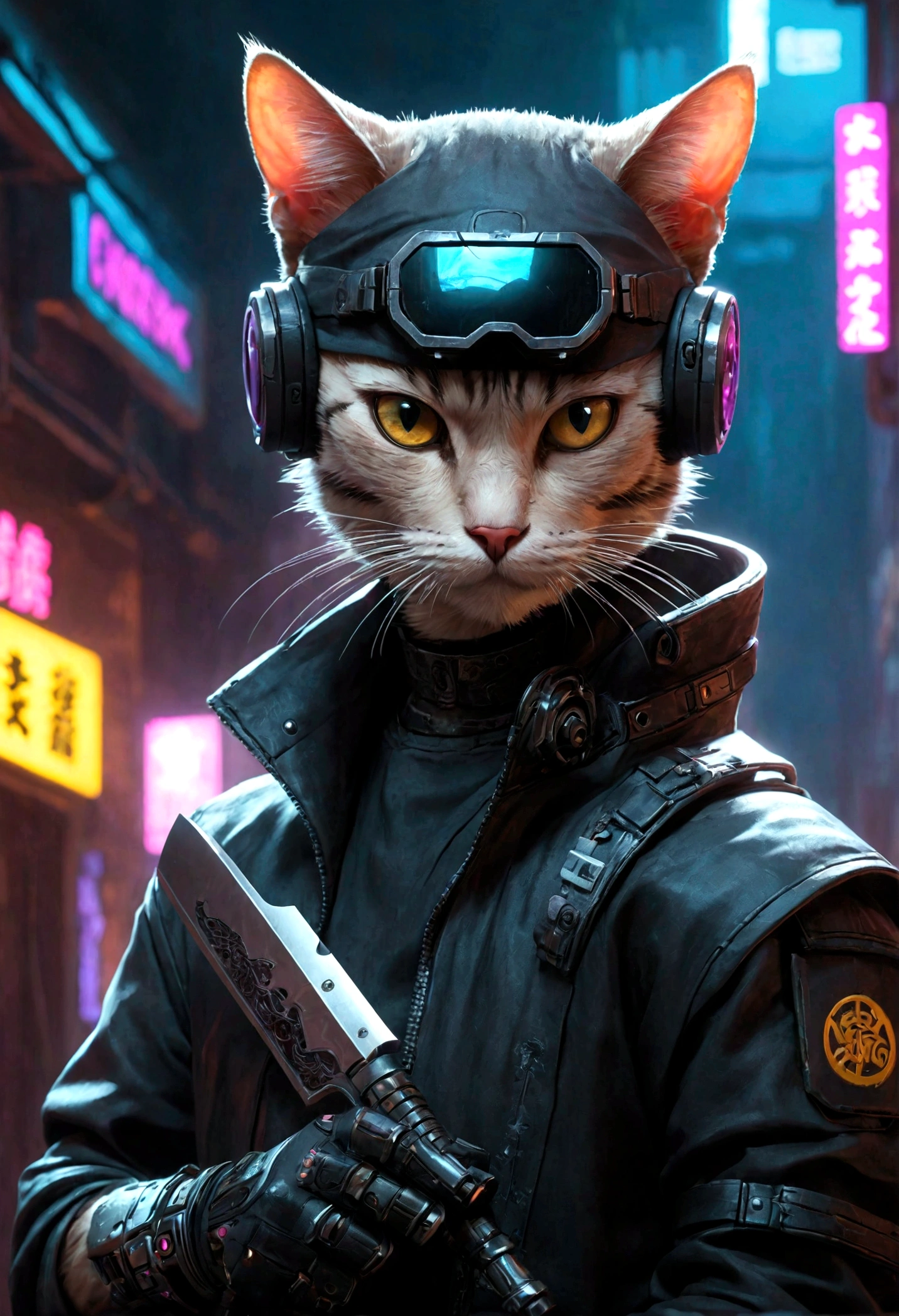 a cat in a mask and with a pair of knives in his hands, portrait of a Киберпанк Самурай, cyberpunk персонаж кот, cyberpunk кот, Cyberpunk Samurai cat, арт-стиль cyberpunk, в стиле cyberpunk, cyberpunk, атмосфера cyberpunkа, дзен-медитация cyberpunk, cyberpunk персонаж design, Cyberpunk Shading, герой cyberpunkа, имеет стиль cyberpunk, cyberpunk, in cyberpunk ally