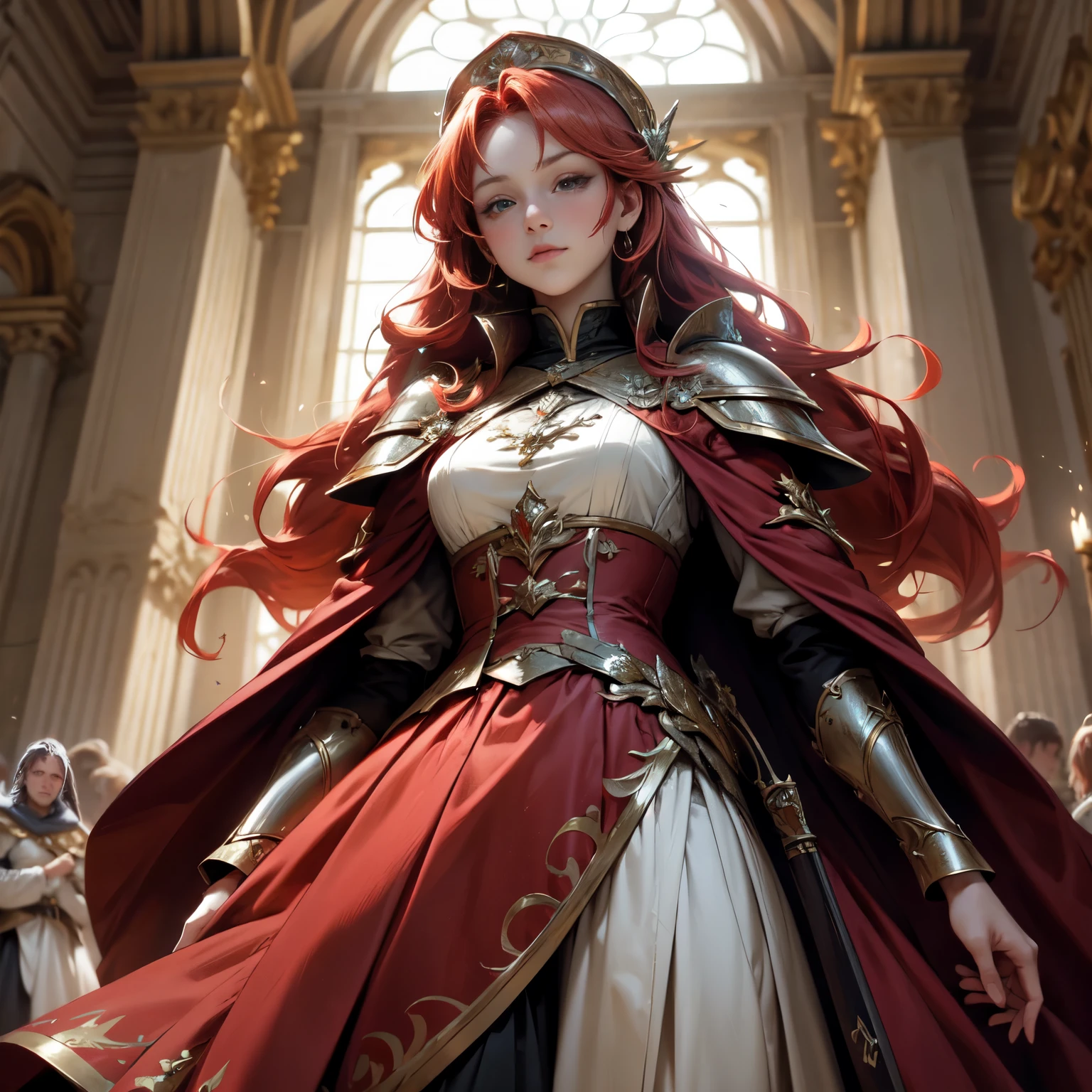 Create an 8K ultra HD digital image of a noble mystical red-haired Seraphin warrior, longos e lisos, vestido com trajes de batalha da realeza, in the castle&#39;s ballroom and ballroom. O guerreiro tem olhos verdes esmeralda e pele clara. He is dressed in red velvet armor with silver and gold trim., Adorned with magical jewels that glow softly. Eleusa uma coroa de ouro com pedras preciosas, gold bracelets on her wrists and a magical amulet around her neck. In the ballroom and ballroom, o guerreiro empunha a Espada de Zeus. The sword is made of celestial gold and emits golden rays, with divine inscriptions along the blade that shine brightly. The hilt of the sword is adorned with small rays and lightning., simbolizando seu poder supremo. He holds the sword in a guardian pose, ready to protect the celebration, while electric sparks dance around you. The Sword of Zeus is known for its ability to control thunder and lightning, e uma aura de poder divino emana dela. The party and ballroom is luxuriously decorated with crystal chandeliers, richly adorned tables and a polished marble floor. Colorful tapestries and fresh flowers adorn the space. Grandes janelas com cortinas elegantes deixam entrar a luz do luar, creating an atmosphere of elegance and celebration. The image should capture the grandeur and glamor of the ballroom and ballroom, highlighting the warrior&#39;s interaction with the Sword of Zeus.