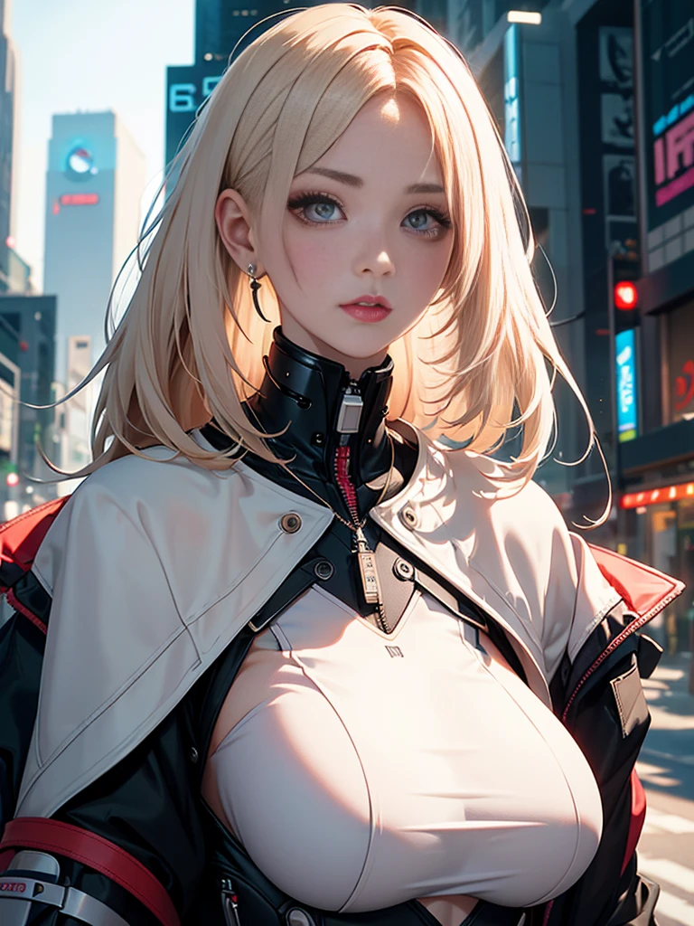optimal，masterpiece，High resolution，Best quality，Ultra HD，Super Detail，The award-winning，16K，solo，（Upper part of the body），Anatomically correct，Beautiful cyberpunk girl，cute face，，Beige Gradient Hair，hairline，（（Scarlet eyes）），Long eyelashes，Drooping corners of the eyes，White skin，（Kobayashi body），（（Women&#39;s ultra short shawl leather jacket）），（（Racing_Set）），（（Front high back low_long skirt）），Earrings，（Neck Ring），（Laser material clothing：1.2）