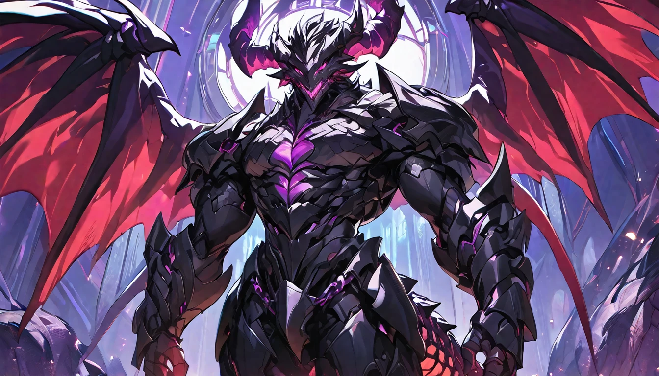 Best quality, One, beautiful, 1 man, with a sporty body, V-shaped body, black detailed armor with glowing purple details, black demonic horns, with large and long dragon wings, short hair, black hair, purple with red tones reptile eyes, purple threads, black light
