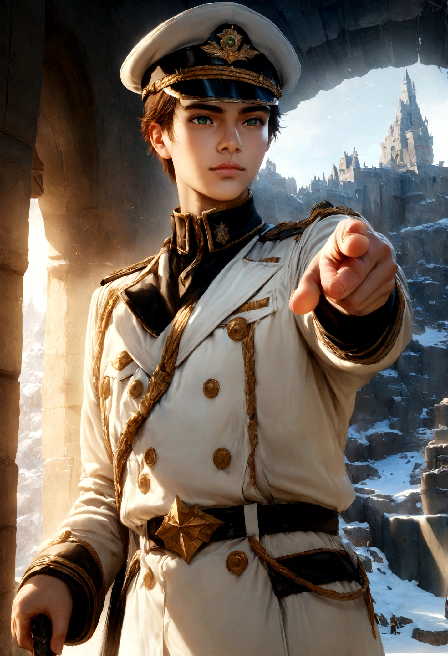 detailed anime boy, ung man, brown hair, green eyes, 19 years old, white military uniform, peaked cap, holding black sword, pointing at snowy forest fortress, hyper realistic, 8k, extremely detailed, photorealistic, masterpiece, cinematic lighting, vibrant colors, unreal engine, studio lighting, high fantasy, epic scale