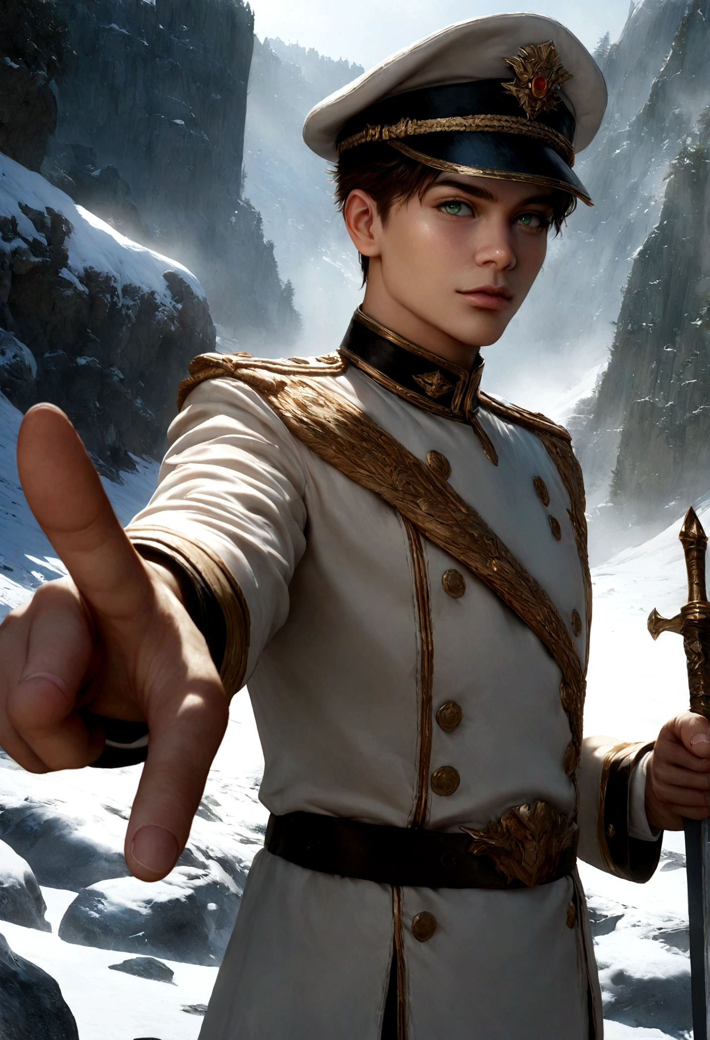 detailed anime boy, 1 young man, brown hair, green eyes, 19 years old, white military uniform, peaked cap, holding black sword, pointing at snowy forest fortress, hyper realistic, 8k, extremely detailed, photorealistic, masterpiece, cinematic lighting, vibrant colors, unreal engine, studio lighting, high fantasy, epic scale