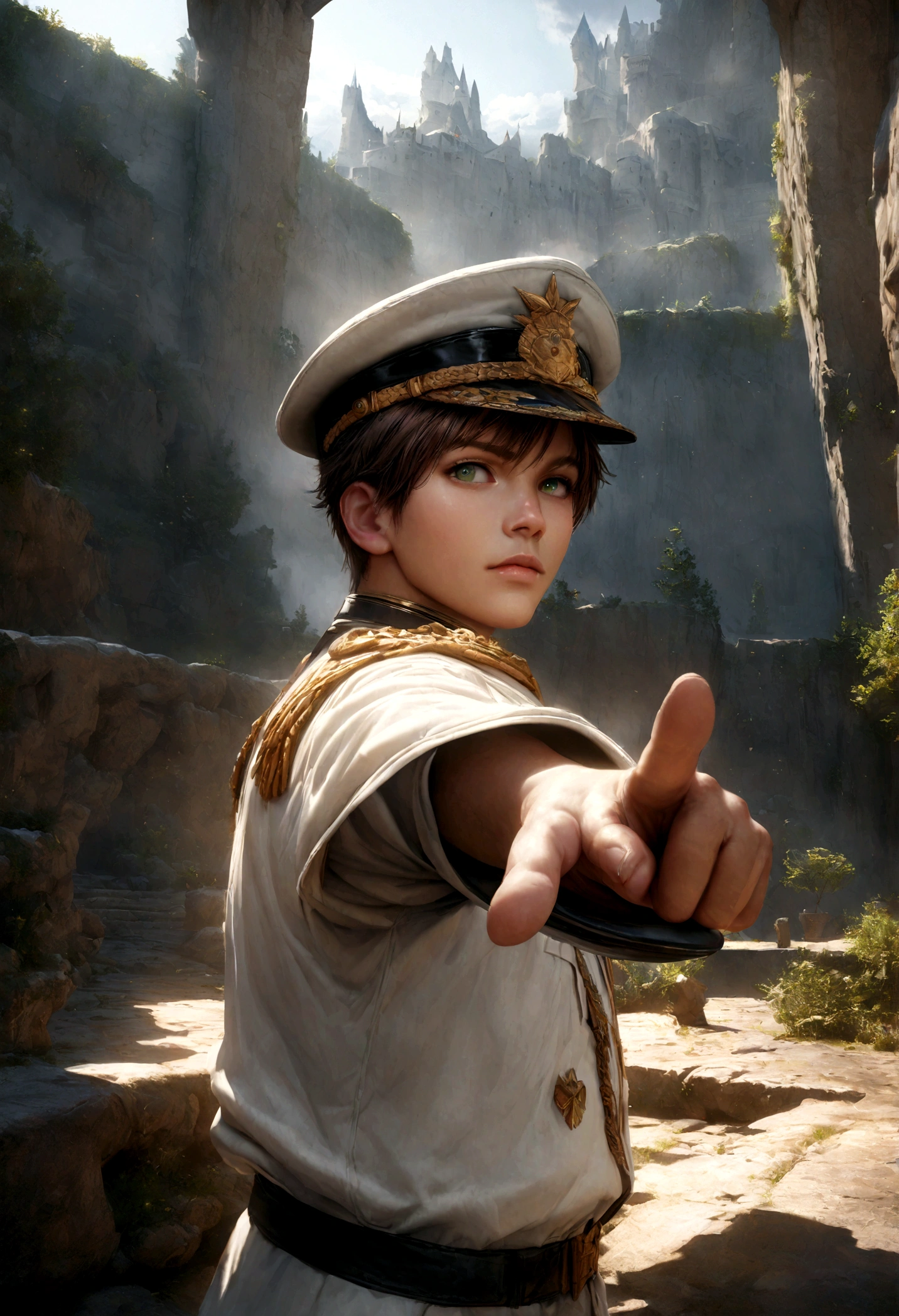 detailed anime boy, ung man, brown hair, green eyes, 19 years old, white military uniform, peaked cap, holding black sword, pointing at snowy forest fortress, hyper realistic, 8k, extremely detailed, photorealistic, masterpiece, cinematic lighting, vibrant colors, unreal engine, studio lighting, high fantasy, epic scale