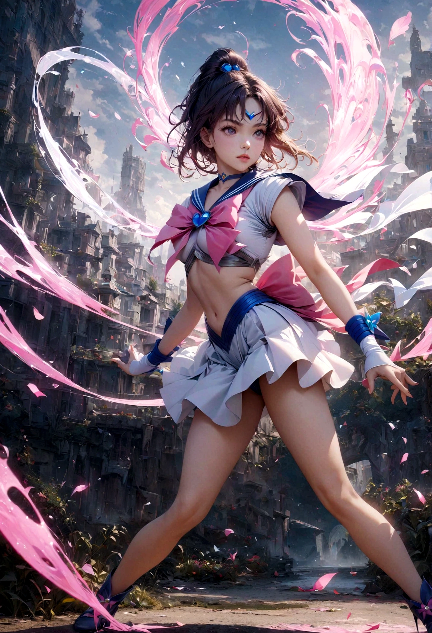 1girl, sailor Saturn, bishoujo senshi sailor moon, elegant detailed eyes, detailed facial features, long eyelashes, beautiful detailed lips, elegant detailed pose, highly detailed, masterpiece, 4k, hyper realistic, photorealistic, cinematic lighting, dynamic composition, intricate details, vibrant colors, soft dreamy atmosphere, magical girl fantasy, full body shot, SailorJupiter, magical girl