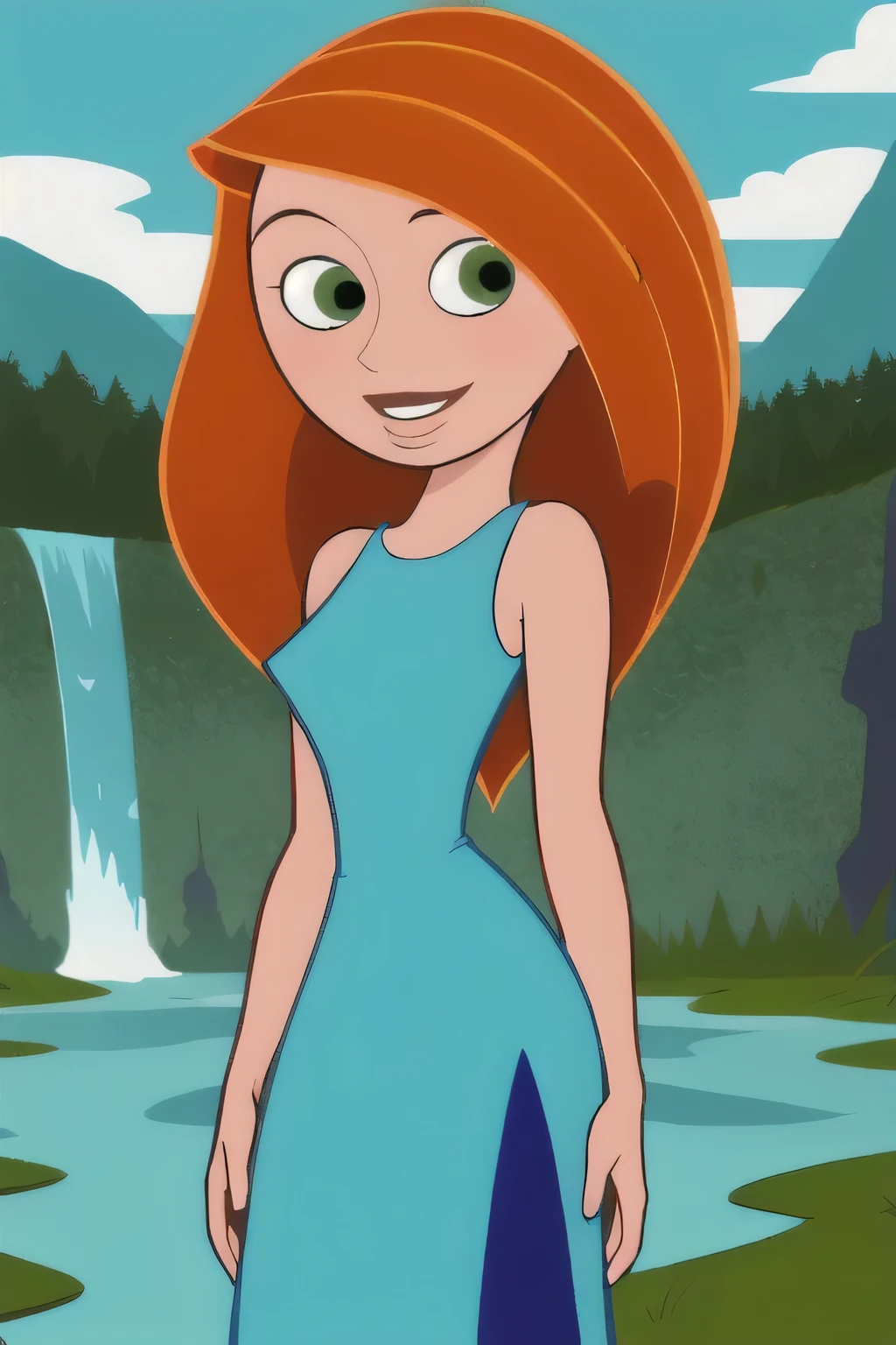 (masterpiece, best quality:1.3), 1girl, looking at viewer, kimberly ann possible, parted lips, upper body, standing, collarbone, bare shoulders, blush, colored skin, orange hair, long hair, absurdly long hair, green eyes, medium breasts, (skindentation:1.2), little blue sequin dress, sleeveless, blue sky, clouds, forest, water fall, lake, landscape, smile