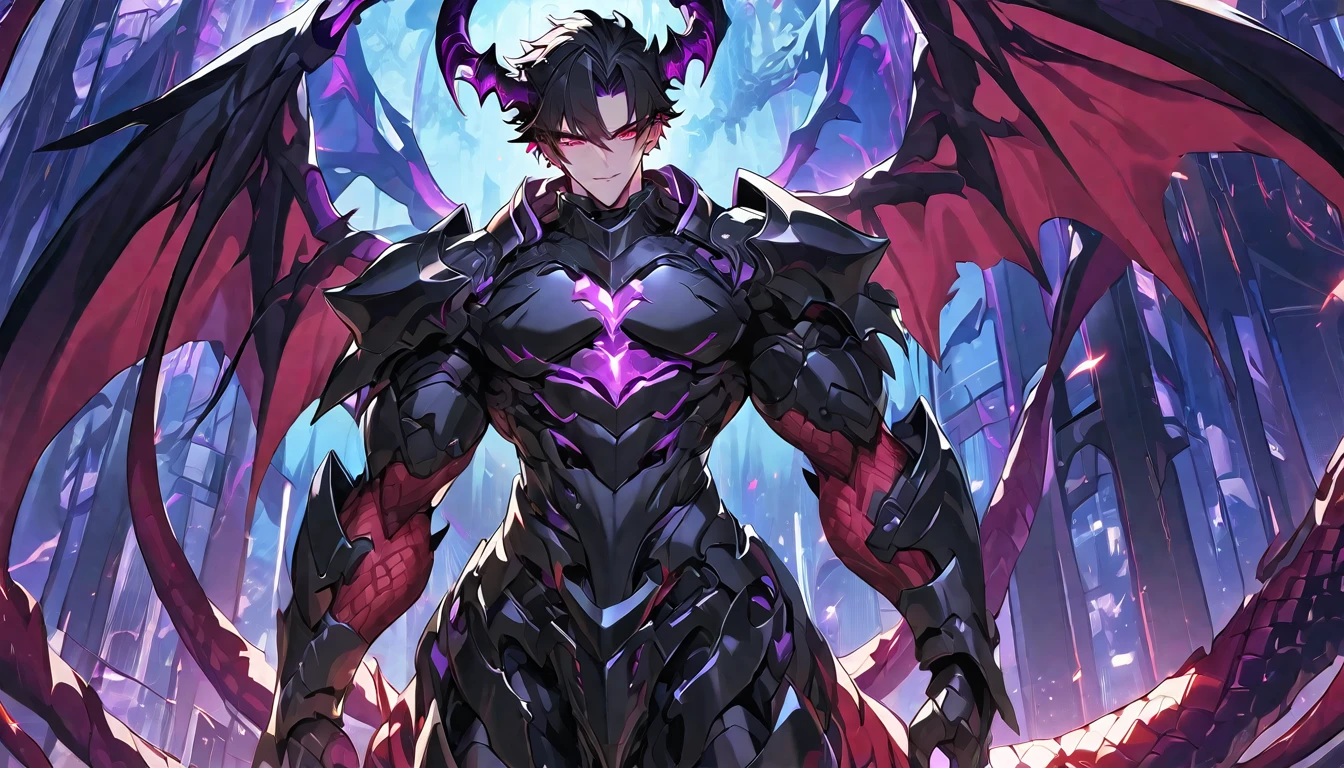 Best quality, One, beautiful, 1 man, with a sporty body, V-shaped body, black detailed armor with glowing purple details, black demonic horns, with large and long dragon wings, short hair, black hair, purple with red tones reptile eyes, purple threads, black light