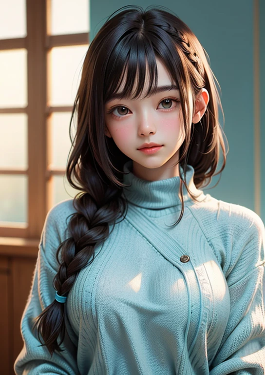 (((Upper body shot,Close-up photo)))、(((Shoulder-length brown straight hair,With bangs,Braided hair)))、(((Against a light interior background.)))、(((Turquoise Summer Sweater,long sweater)))、very cute、18 year old girl、Light eye makeup、Shiny, Ultra-realistic faces、Subtle lighting effects、 Ultra-realistic capture、Very detailed、High resolution 16K、Skin texture must be natural、skin health、Uniform tone、Use natural light and color、plump breasts、 High-quality photos taken by model agencies