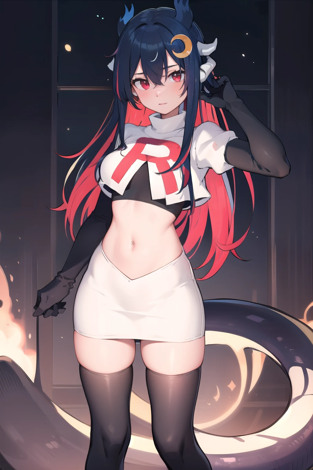 vienna (vtuber), 1girl, bangs, black hair, blue hair, crescent, crescent hair ornament, crossed bangs, dragon girl, dragon horns, gradient hair, hair between eyes, hair ornament, horns, long hair, looking at viewer, multicolored hair, red eyes, solo, standing, very long hair, team rocket,team rocket uniform,white skirt,red letter R,crop top,black thigh-highs,black elbow gloves
