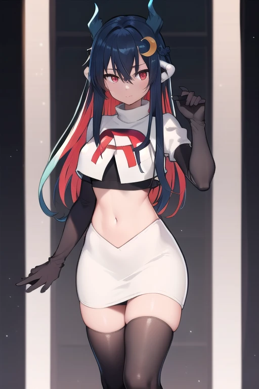 vienna (vtuber), 1girl, bangs, black hair, blue hair, crescent, crescent hair ornament, crossed bangs, dragon girl, dragon horns, gradient hair, hair between eyes, hair ornament, horns, long hair, looking at viewer, multicolored hair, red eyes, solo, standing, very long hair, team rocket,team rocket uniform,white skirt,red letter R,crop top,black thigh-highs,black elbow gloves
