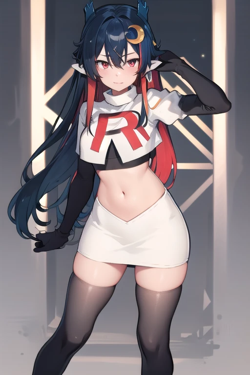 vienna (vtuber), 1girl, bangs, black hair, blue hair, crescent, crescent hair ornament, crossed bangs, dragon girl, dragon horns, gradient hair, hair between eyes, hair ornament, horns, long hair, looking at viewer, multicolored hair, red eyes, solo, standing, very long hair, team rocket,team rocket uniform,white skirt,red letter R,crop top,black thigh-highs,black elbow gloves
