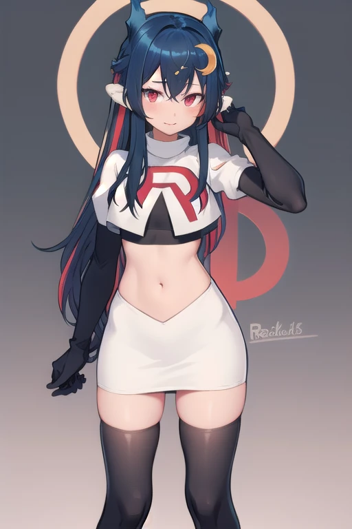 vienna (vtuber), 1girl, bangs, black hair, blue hair, crescent, crescent hair ornament, crossed bangs, dragon girl, dragon horns, gradient hair, hair between eyes, hair ornament, horns, long hair, looking at viewer, multicolored hair, red eyes, solo, standing, very long hair, team rocket,team rocket uniform,white skirt,red letter R,crop top,black thigh-highs,black elbow gloves
