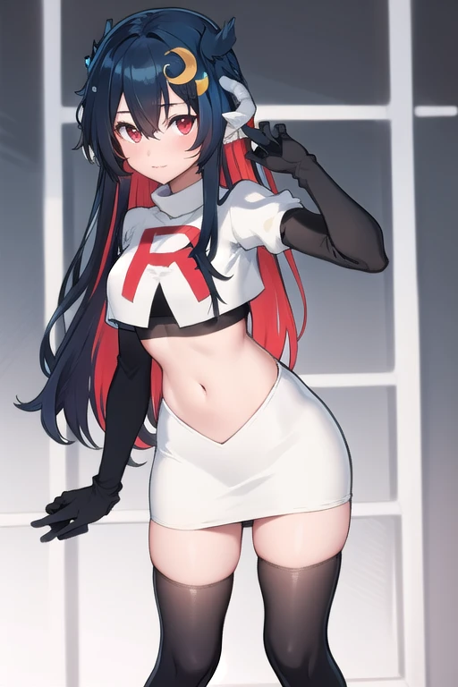 vienna (vtuber), 1girl, bangs, black hair, blue hair, crescent, crescent hair ornament, crossed bangs, dragon girl, dragon horns, gradient hair, hair between eyes, hair ornament, horns, long hair, looking at viewer, multicolored hair, red eyes, solo, standing, very long hair, team rocket,team rocket uniform,white skirt,red letter R,crop top,black thigh-highs,black elbow gloves
