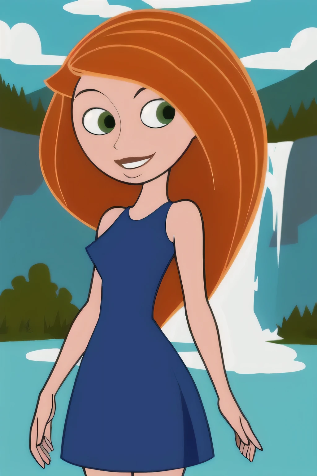 (masterpiece, best quality:1.3), 1girl, looking at viewer, kimberly ann possible, parted lips, upper body, standing, collarbone, bare shoulders, blush, colored skin, orange hair, long hair, absurdly long hair, green eyes, medium breasts, (skindentation:1.2), little blue sequin dress, sleeveless, blue sky, clouds, forest, water fall, lake, landscape, smile