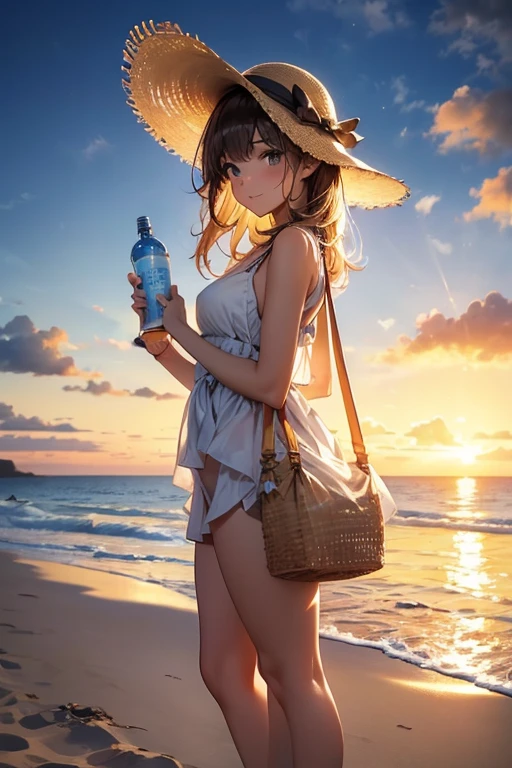 A woman standing on a sandy beach, watching a beautiful sunset. She’s wearing a sunhat and a chic swimsuit, holding a bottle of sunscreen. The sun is low on the horizon, casting a warm, golden light. Nearby, a beach bag with sunglasses and a water bottle is visible.