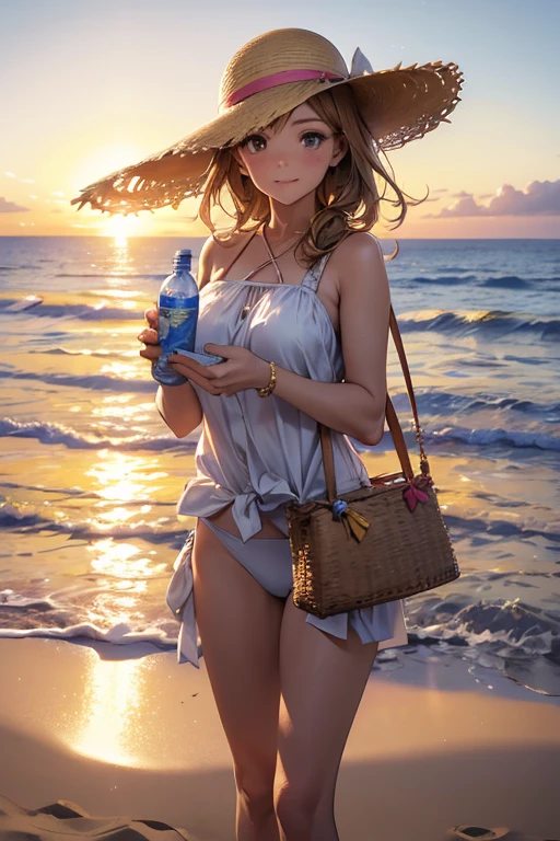 A woman standing on a sandy beach, watching a beautiful sunset. She’s wearing a sunhat and a chic swimsuit, holding a bottle of sunscreen. The sun is low on the horizon, casting a warm, golden light. Nearby, a beach bag with sunglasses and a water bottle is visible.