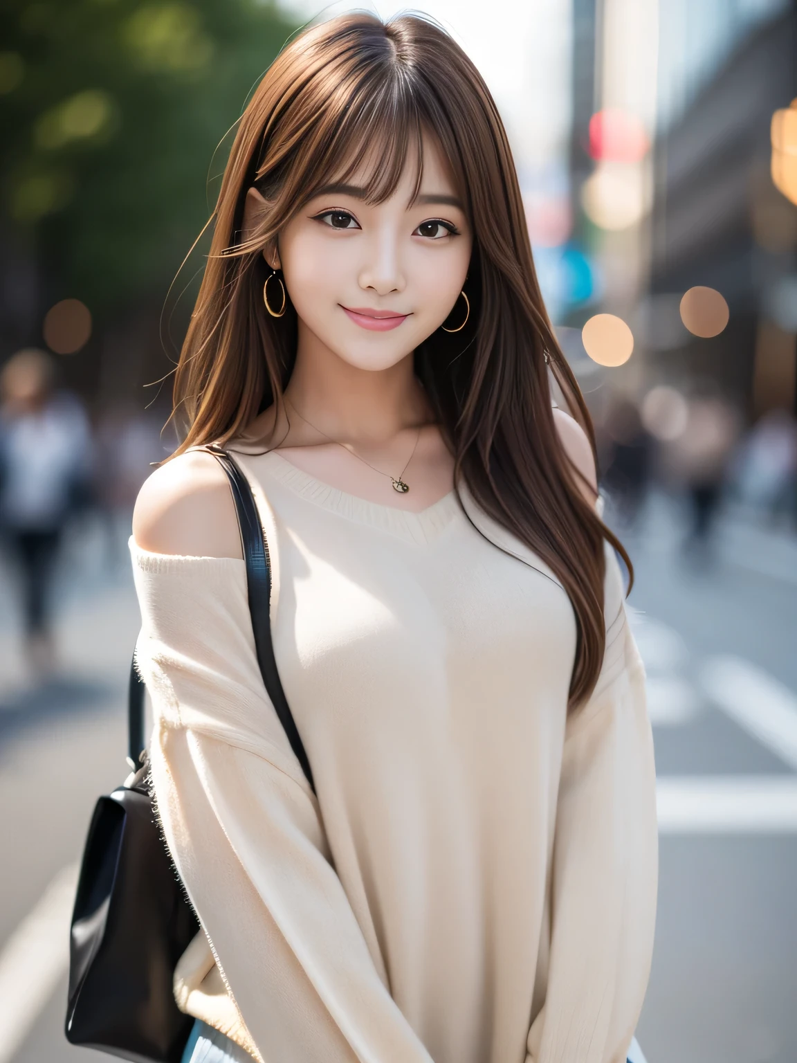 Ultra High Definition, Superior Quality, Premier Quality, ultra detailed, Photorealistic, 8k, RAW Photos, highest quality, masterpiece, Attractive girl, Stunning girl, Impish Smile, Brown Hair, Shoulder Length Layered, asymmetrical bangs, K-pop Idol, Sophisticated girl, Black knit, Shibuya,