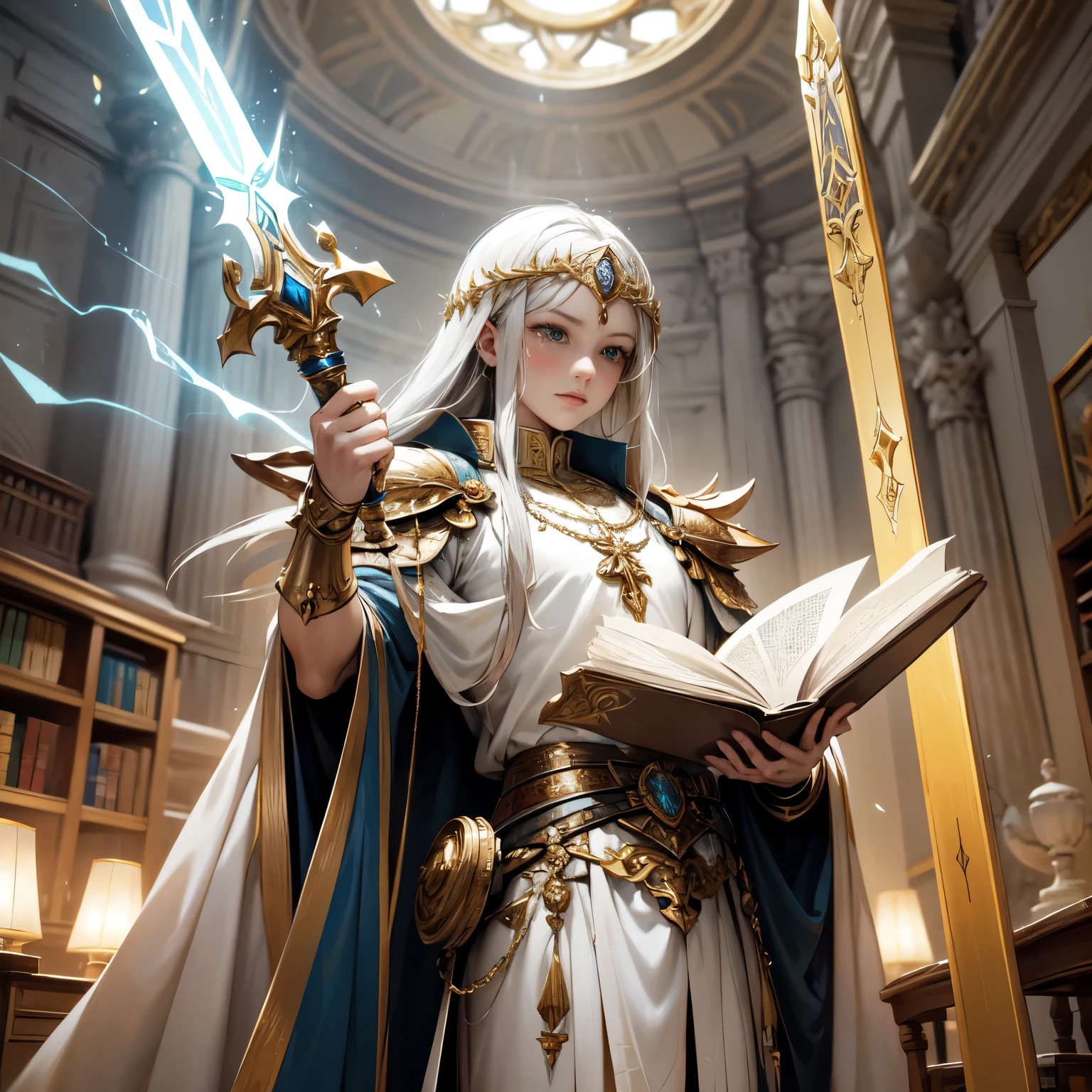 Create an 8K ultra HD digital image of a noble mystical silver-haired Seraphin warrior, longos e ondulados, vestido com trajes de batalha da realeza, na biblioteca do castelo. O guerreiro tem olhos azuis profundos e pele clara. He is dressed in blue velvet armor with silver and gold trim., Adorned with magical jewels that glow softly. Ele usa uma coroa de prata com pedras preciosas, silver bracelets on her wrists and a magical amulet around her neck. Na biblioteca do castelo, o guerreiro empunha a Espada de Zeus. The sword is made of celestial gold and emits golden rays, with divine inscriptions along the blade that shine brightly. The hilt of the sword is adorned with small rays and lightning., simbolizando seu poder supremo. He holds the sword in a contemplative pose, pronto para proteger o conhecimento, while electric sparks dance around you. The Sword of Zeus is known for its ability to control thunder and lightning, e uma aura de poder divino emana dela. The library is vast and imposing, com estantes de madeira escura repletas de livros antigos e manuscritos. Grandes janelas deixam entrar a luz natural, illuminating the study and reflection environment. Reading tables and comfortable chairs are spread throughout the room.. The image should capture the erudition and tranquility of the library, highlighting the warrior's interaction with the Sword of Zeus.