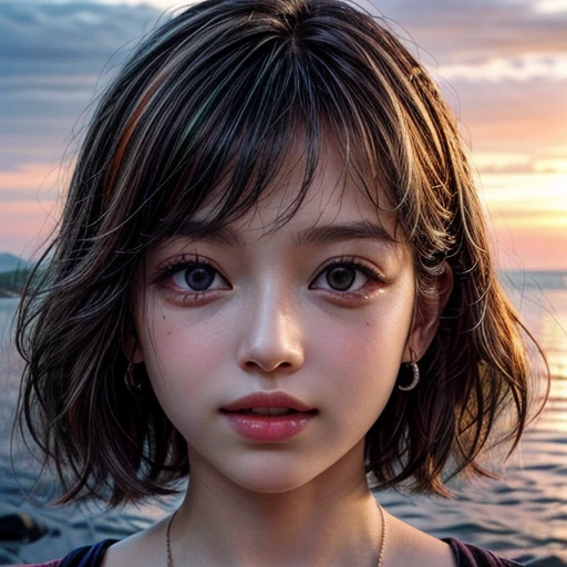 (Acutance:0.85), (Masterpiece Ultra-detailed RAW photorealistic:1.37), Tiny girl、Tropical Beach、evening、Stroll along the beach、(Gazing at the colorful sunset)、(Orange rays illuminating face, close-up:1.4), Gust of wind . (((Extremely detailed NOGIZAKA face))), perfect anatomy, Childish, captivating gaze, elaborate detailed Eyes with (sparkling highlights:1.3), long eyelashes、Glossy RED Lips with beautiful details, Coquettish tongue, Rosy cheeks, (Radiant natural skin) with clear transparency . { (Dynamic joyful expressions) | (:d) }, Random hair color, (no Large eyes).