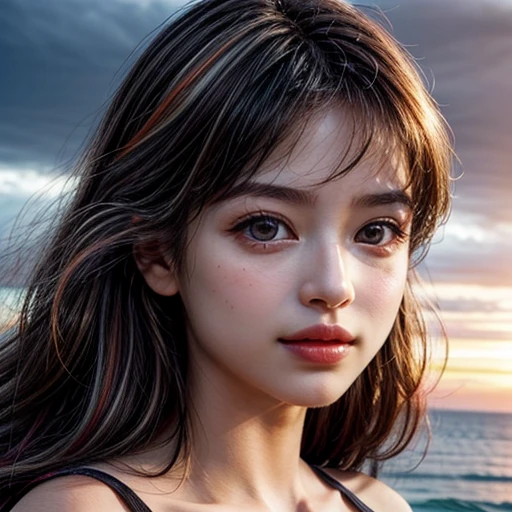 (Acutance:0.85), (Masterpiece Ultra-detailed RAW photorealistic:1.37), Tiny girl、Tropical Beach、evening、Stroll along the beach、(Gazing at the colorful sunset)、(Orange rays illuminating face, close-up:1.4), Gust of wind . (((Extremely detailed NOGIZAKA face))), perfect anatomy, Childish, captivating gaze, elaborate detailed Eyes with (sparkling highlights:1.3), long eyelashes、Glossy RED Lips with beautiful details, Coquettish tongue, Rosy cheeks, (Radiant natural skin) with clear transparency . { (Dynamic joyful expressions) | (:d) }, Random hair color, (no Large eyes).