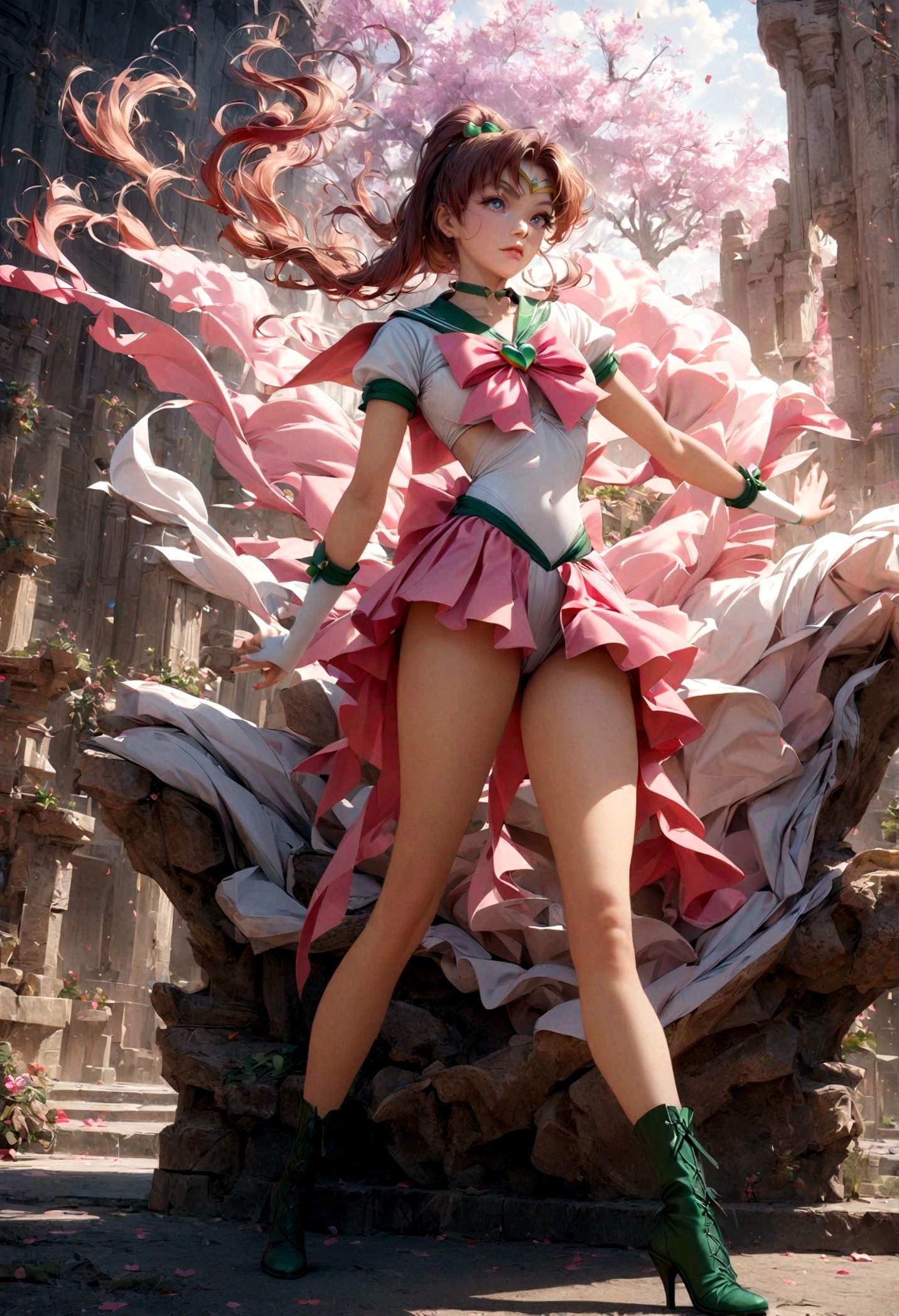 1girl, sailor jupiter, bishoujo senshi sailor moon, elegant detailed eyes, detailed facial features, long eyelashes, beautiful detailed lips, elegant detailed pose, highly detailed, masterpiece, 4k, hyper realistic, photorealistic, cinematic lighting, dynamic composition, intricate details, vibrant colors, soft dreamy atmosphere, magical girl fantasy, full body shot, SailorJupiter, magical girl
