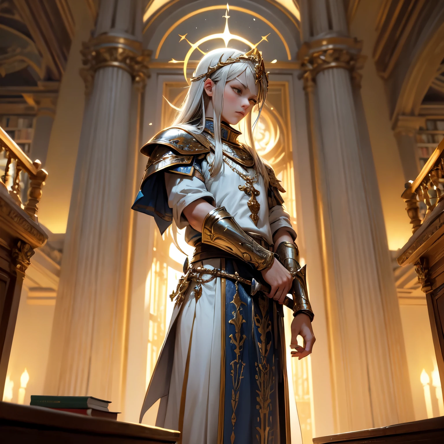 Create an 8K ultra HD digital image of a noble mystical silver-haired Seraphin warrior, longos e ondulados, vestido com trajes de batalha da realeza, na biblioteca do castelo. O guerreiro tem olhos azuis profundos e pele clara. He is dressed in blue velvet armor with silver and gold trim., Adorned with magical jewels that glow softly. Ele usa uma coroa de prata com pedras preciosas, silver bracelets on her wrists and a magical amulet around her neck. Na biblioteca do castelo, o guerreiro empunha a Espada de Zeus. The sword is made of celestial gold and emits golden rays, with divine inscriptions along the blade that shine brightly. The hilt of the sword is adorned with small rays and lightning., simbolizando seu poder supremo. He holds the sword in a contemplative pose, pronto para proteger o conhecimento, while electric sparks dance around you. The Sword of Zeus is known for its ability to control thunder and lightning, e uma aura de poder divino emana dela. The library is vast and imposing, com estantes de madeira escura repletas de livros antigos e manuscritos. Grandes janelas deixam entrar a luz natural, illuminating the study and reflection environment. Reading tables and comfortable chairs are spread throughout the room.. The image should capture the erudition and tranquility of the library, highlighting the warrior's interaction with the Sword of Zeus.